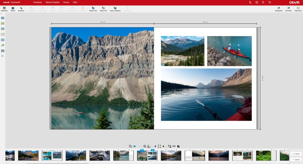 Screenshot der CEWE Fotowelt Software mit einer gestalteten Fotobuch-Doppelseite aus Landschafts- und Kajakfotos.