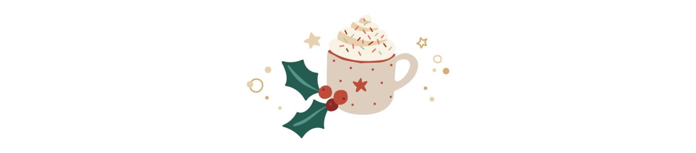  Illustration einer weihnachtliche Tasse mit Sahne, Streuseln, daneben Stechpalmenblätter und roten Beeren. 