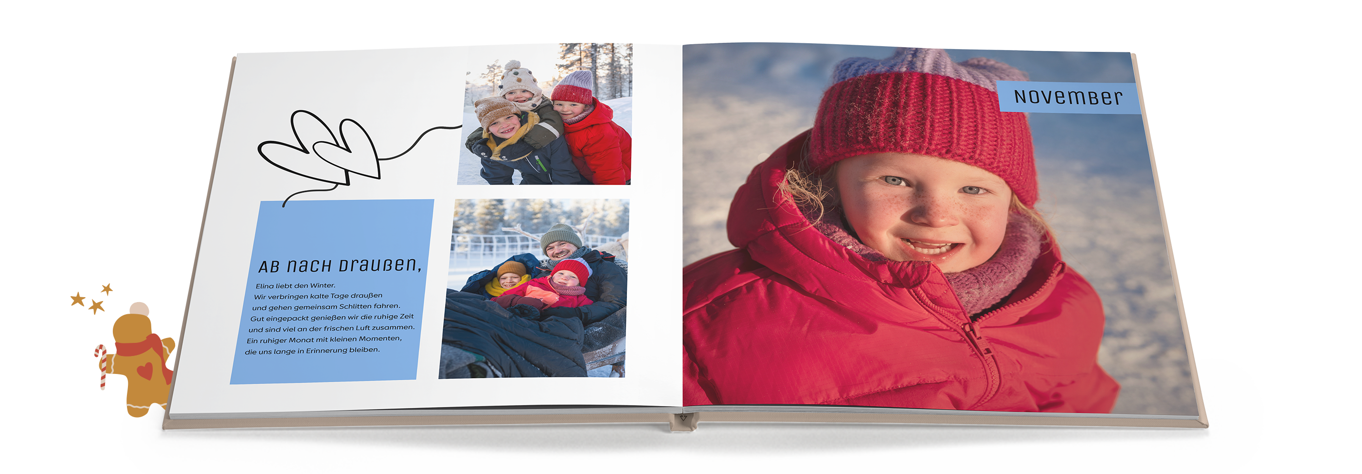 Geöffnetes Jahrbuch mit Winterfotos mit Kindern und dem Schriftzug "November".