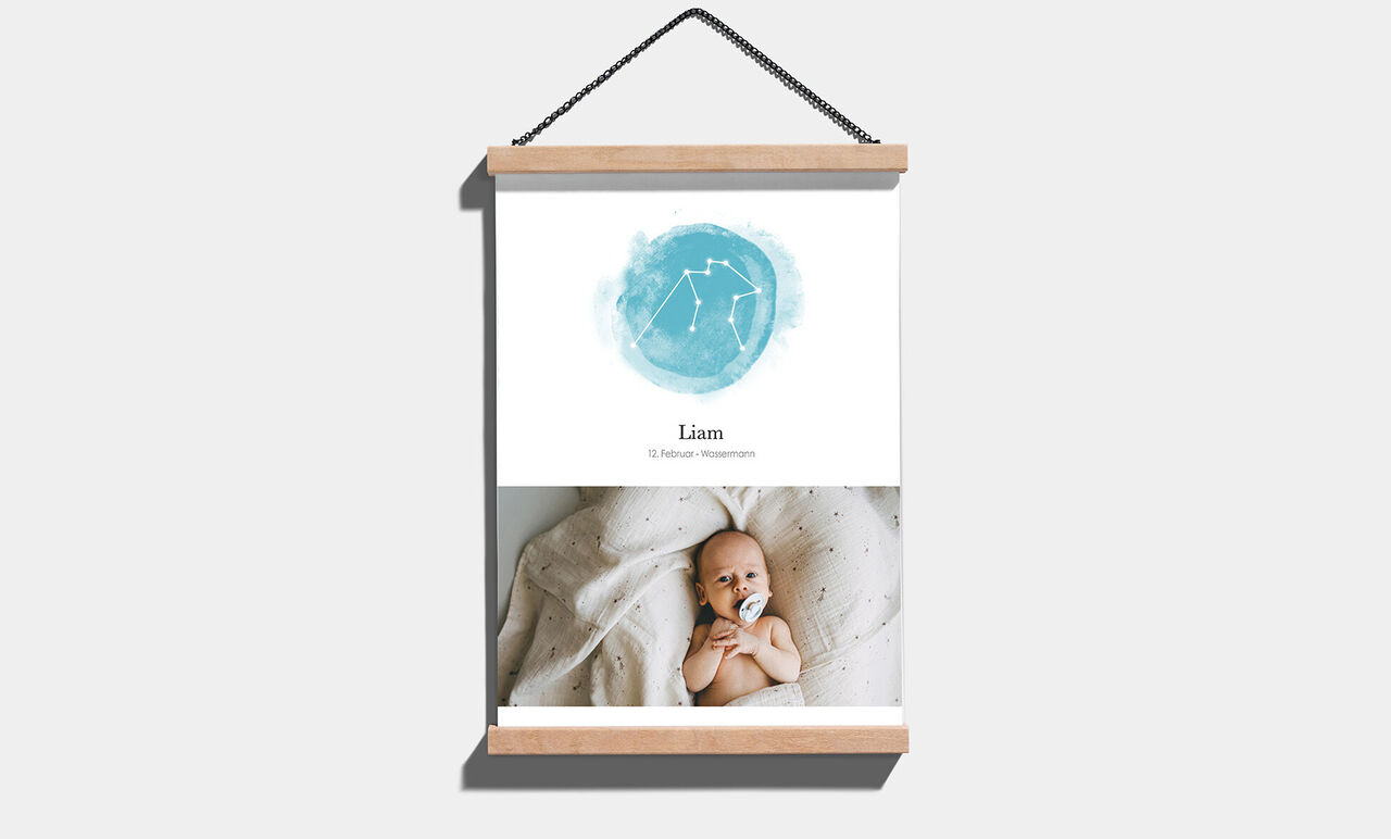 Wundervoll gestaltetes Poster mit dem Namen Liam und einem sanften, blauen Motiv, das Sterne darstellt