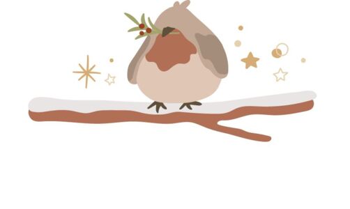 Illustration eines Rotkehlchens mit Stechpalme im Schnabel auf einem beschneiten Ast, umgeben von goldenen Sternen. 